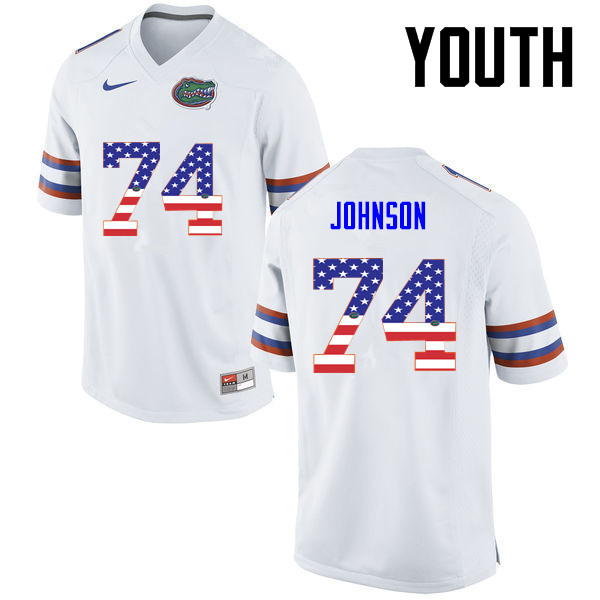 Youth Florida Gators #74 Fred Johnson College Football USA Flag Fashion Jerseys-White - Click Image to Close